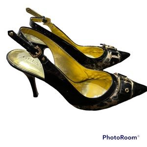 Guess Leopard Print Black Patent Pointy Heels size 10 9 9.5